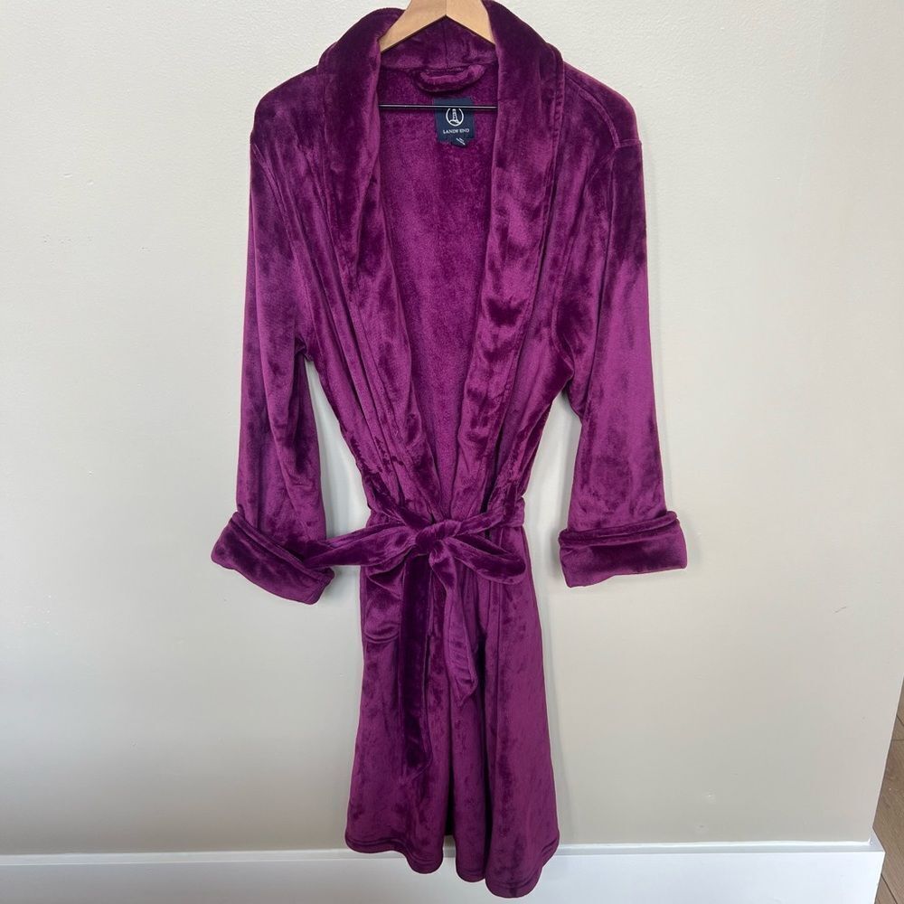 Lands End Warm & Cozy Long Velour Plush Robe XL Burgundy Maroon
